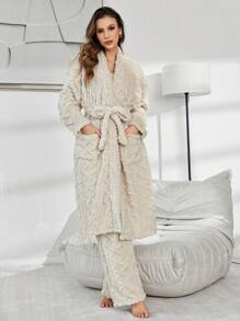 Bộ 3 áo vest, quần và áo khoác vải nỉ jacquard màu trơn cho nữ - Màu be - Xem 4