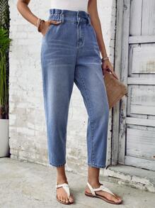 SHEIN LUNE Quần jean denim nữ ống côn, cạp bèo, có túi, kiểu dáng thường ngày. - Màu xanh lam - Xem 5