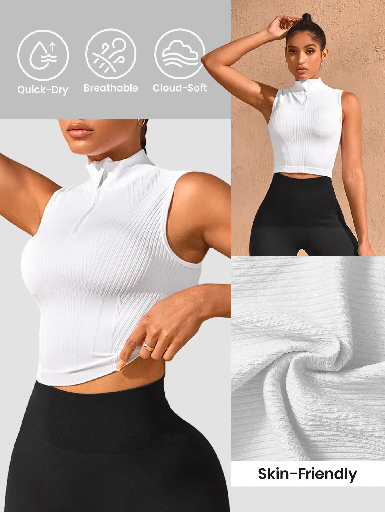 Lifespree 女士纯色简约日常无缝无袖运动背心 - 白色 - 查看 3