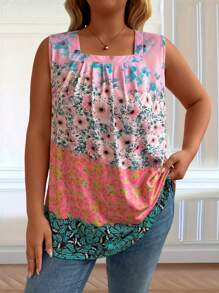 SHEIN LUNE Top tipo tank informal para vacaciones de talla grande con cuello cuadrado sin mangas, estampado floral por toda la prenda - Multicolor - Ver 4