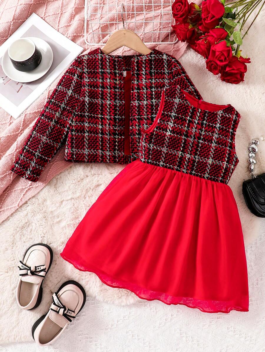 2pcs Young Girls Tweed Round Neck Jacket & Mesh Contrast Dress Set, Suitable For Parties Or Formal Occasions - Red - View 1