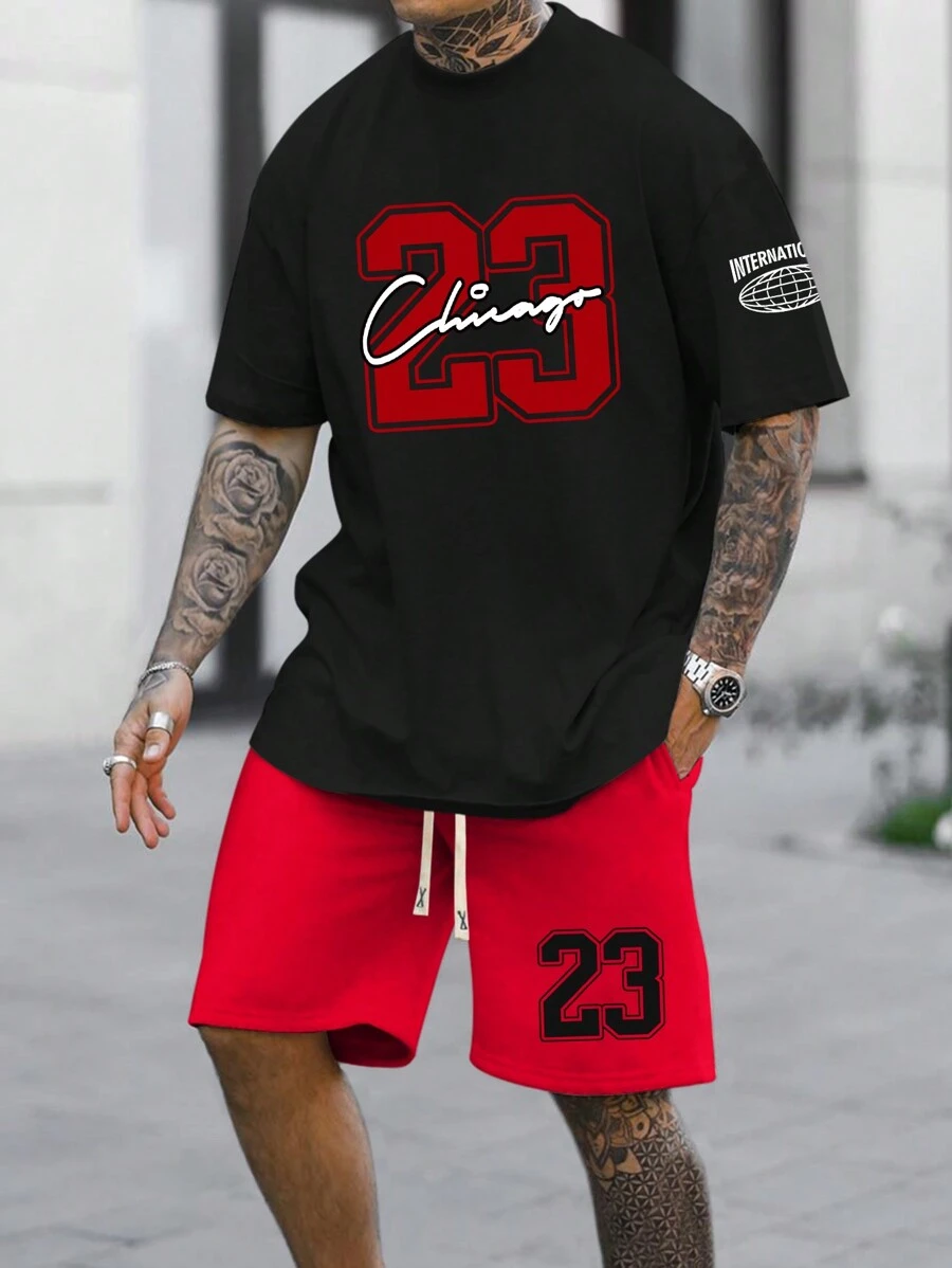 Manfinity Homme Men's Casual Digital Print Short Sleeve Tee And Shorts Two Pieces Set, Going Out Basketball Track Suit, Boyfriend Gift - Multicolor - View 1