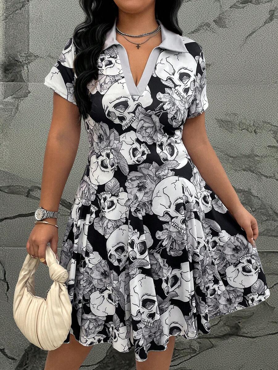 Calvaya Plus Size Striped Polo Collar Casual Short Sleeve Dress - Light Grey - View 1