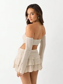 SHEIN Unity Bộ 2 áo crop top dài tay trễ vai màu trơn và chân váy mini cho nữ, mùa xuân hè - Màu be - Xem 2