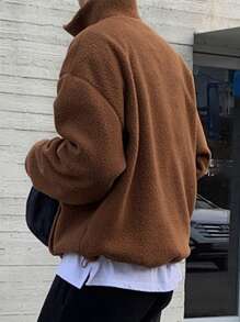 DAZY Sudadera con capucha de manga larga mullida con cremallera y parche de unicolor para hombre, otoño e invierno