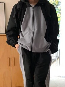 DAZY Men Solid Color Splicing Front Zipper Hoodie Jacket And Pants Casual Suit