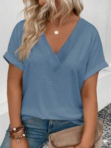 INAWLY Áo thun trơn cổ chữ V tay loe cỡ lớn màu trơn thường ngày cho mùa hè - Màu xanh bụi bặm - Xem 1