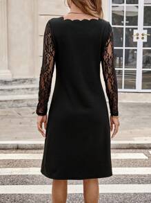 EMERY ROSE 纯色长袖撞色蕾丝女式连衣裙秋冬派对