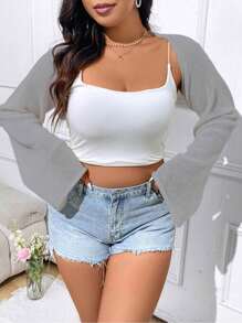 Flirla Plus Size Women Solid Color Bell Sleeve Short Cardigan