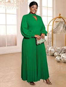 女士纯色钥匙孔领灯笼袖褶皱优雅连衣裙，适合派对、俱乐部、生日、宴会、晚宴、舞会、新年等场合。 - 綠色 - 查看 4