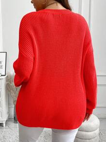 Calvaya Plus Size Crew-Neck Long Sleeve Minimalist 3D Christmas Tree Knit Sweater Knit Pullover Fall Winter - Red - View 2