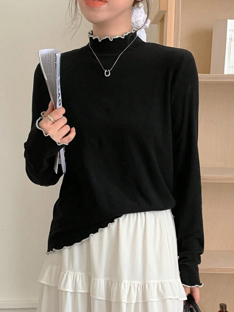 Women's Turtleneck Lace Trim Solid Color Long Sleeve Undershirt,Fall Clothes