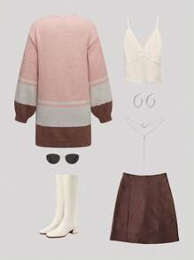 Teen Girl Contrast Color V-Neck Loose Fit Cardigan Sweater, Suitable For Casual Outings, Parties And Shopping, Autumn/Winter, Korean Style