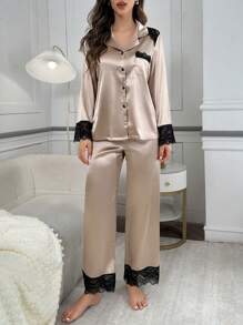 Color Blocking Lace Patchwork Flap Pocket Faux Silk Lapel Collar Long Sleeve Pajama Set - Champagne - View 1