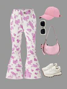 SHEIN Explorewe 年轻女孩彩色染色休闲双层喇叭牛仔裤，秋季 - 彩色 - 查看 1