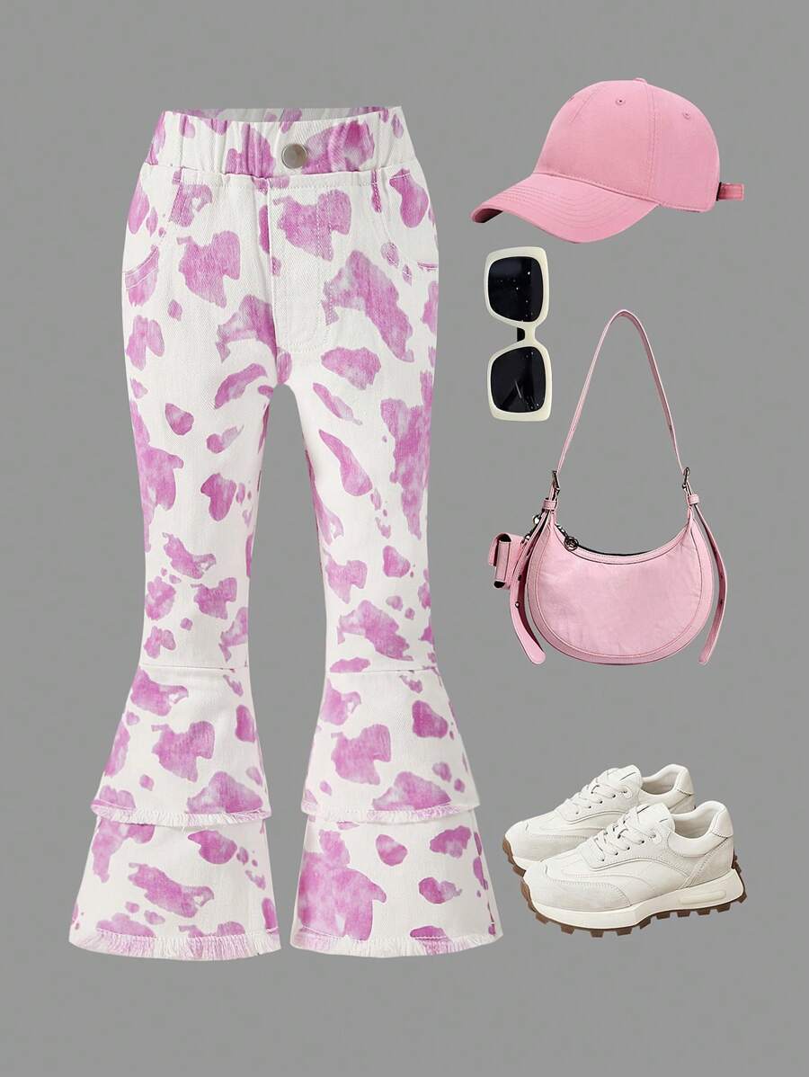 SHEIN Explorewe 年轻女孩彩色染色休闲双层喇叭牛仔裤，秋季 - 彩色 - 查看 1