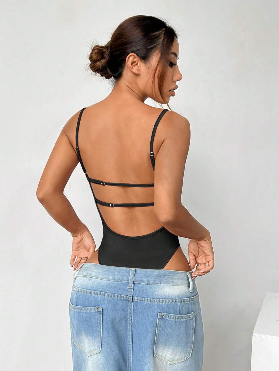 SHEIN EZwear Sexy Backless Sling Bodysuit, Summer - Black - View 1