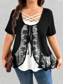 Plus Size Women Summer Floral Lace Patchwork Short Sleeve Casual T-Shirt - Black and White - View 6