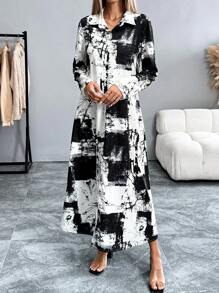 EMERY ROSE 女士时尚扎染印花衬衫裙，春秋季长款女装长衬衫裙长款休闲连衣裙女士长袖连衣裙 - 黑與白 - 查看 3