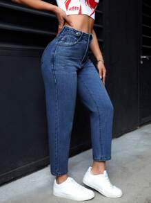 SHEIN PETITE Jeans casuales de mujer con botones delanteros y múltiples bolsillos, para uso diario - Azul lavado medio - Ver 2