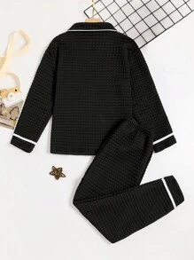 2 件套青少年男孩睡衣、格子裤和长袖开衫，配可爱小熊刺绣上衣、白色撞色饰边、冬季睡衣 - 黑色 - 查看 2