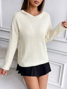 SHEIN Unity Gerippter Oversized Hoodie-Pullover Einfarbig, gestrickter Pullover für Herbst und Winter - Weiss - Übersicht 5