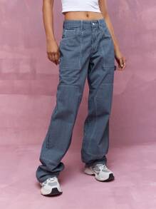 MISSGUIDED 徽标品牌贴片细条纹阔腿木匠牛仔裤 - 藍色 - 查看 1