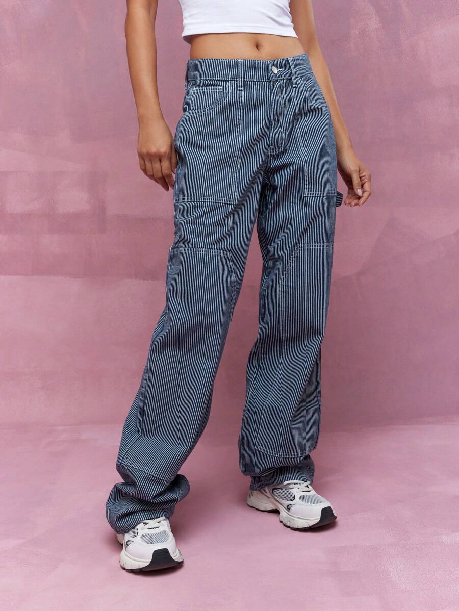 MISSGUIDED 徽标品牌贴片细条纹阔腿木匠牛仔裤 - 藍色 - 查看 1