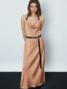 Maija Ladies' Summer Draped Neck Maxi Elegant Dress Flowy Dress - Brown - View 2