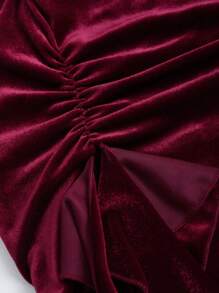 Sweetra 优质高品质红色天鹅绒吊带开衩下摆优雅女式连衣裙 - 紅色 - 查看 5