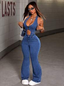 SHEIN ICON Bộ đồ liền thân denim loe khoét hở gợi cảm mùa hè dành cho nữ có chi tiết buộc dây - Màu xanh lam - Xem 5