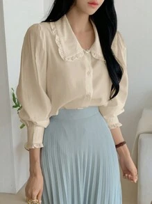 DAZY 宽松彼得潘领长袖女式衬衫夏季 - 米色 - 查看 5