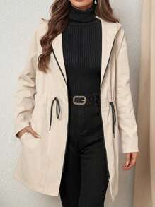 SHEIN Privé Women's Solid Color Drawstring Waist Pocket Casual Hooded Loose Regular Jacket, Spring Autumn - White - View 3