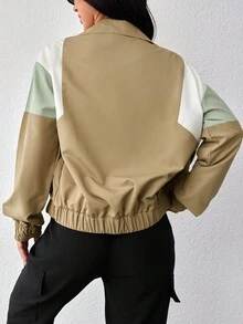 EURMUSE Khối màu Dây kéo Khép kín Của phụ nữ Đệm Áo khoác - Màu be - Xem 2