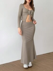 Flirla Autumn Women Versatile Tie-Up Fishtail Dress Suit