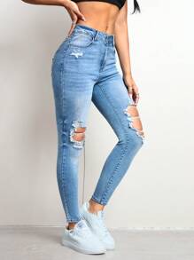 SHEIN EZwear Women Washed Distressed Denim Jeans - Light Wash - View 1