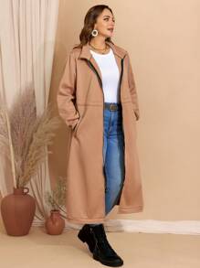 EMERY ROSE Chaqueta casual de cremallera completa de primavera y otoño para mujeres de talla grande - Camel - Ver 3