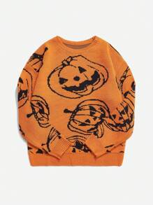 SHEIN Unity Women Halloween Pumpkin Pattern Orange Sweater, Knit Pullover Fall Winter - Orange - View 6