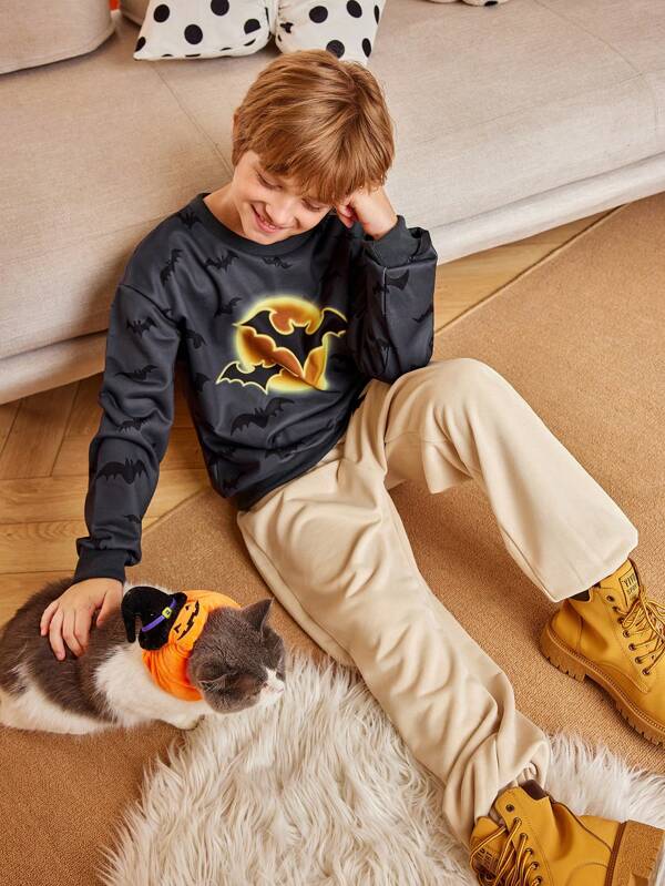 2pcs/Set Boy`S 3D Bat Glow Print Hoodie And Sweatpants Halloween Party Outfit