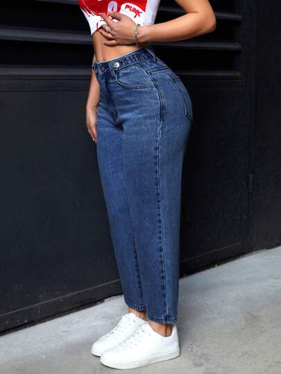 SHEIN PETITE Jeans casuales de mujer con botones delanteros y múltiples bolsillos, para uso diario