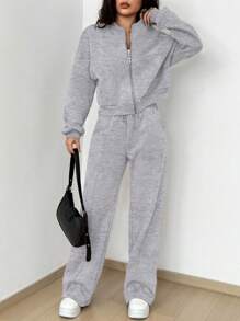 SHEIN Unity Women Street Style Camouflage Maple Leaf Print Zipper Sweatshirt & Pants Set For Autumn/Winter - Light Grey - View 5