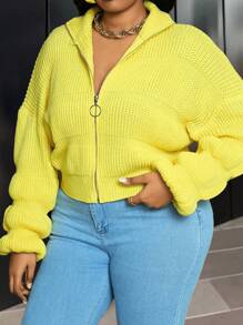 Slaydiva Plus Elegant Daily Casual Solid Yellow Knitted Zip-Up Long Sleeve Sweater, Shortened Style, For Women, Autumn And Winter - Z - Yellow - View 1