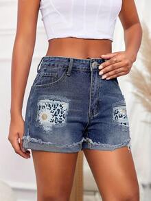 Women's Distressed Raw Edge Denim Shorts - Dark Wash - View 4