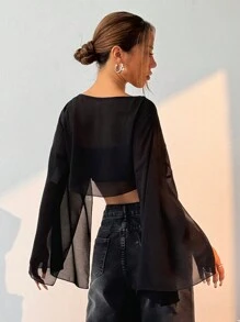 SHEIN EZwear Blusa Solta e Curta de Manga Morcego com Gola Redonda e Cor Sólida, Manga Três Quartos, Primavera/Verão