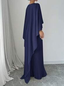 Elenzga 女士纯色褶皱简约斗篷风格优雅连衣裙 - 藏蓝色 - 查看 2