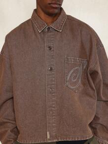 SUMWON Crop Fit Long Sleeve Denim Shirt With Embroidered Pocket - Coffee Brown - View 3