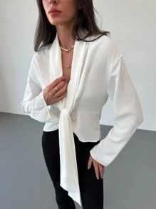 Aloruh Blusa casual de manga larga con cuello en V y acento de cinta, para otoño e invierno