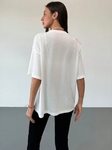 Aloruh Romantic Y2K Style Loose Fit Bow Neck Short Sleeve White T-Shirt For Women