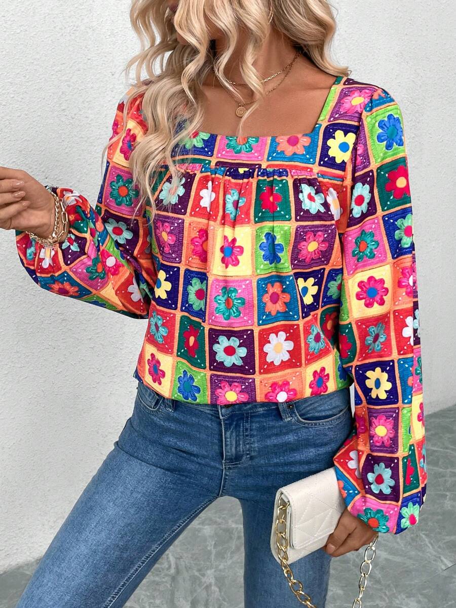 SHEIN LUNE 女式春夏花卉印花方领灯笼袖宽松衬衫 - 彩色 - 查看 1