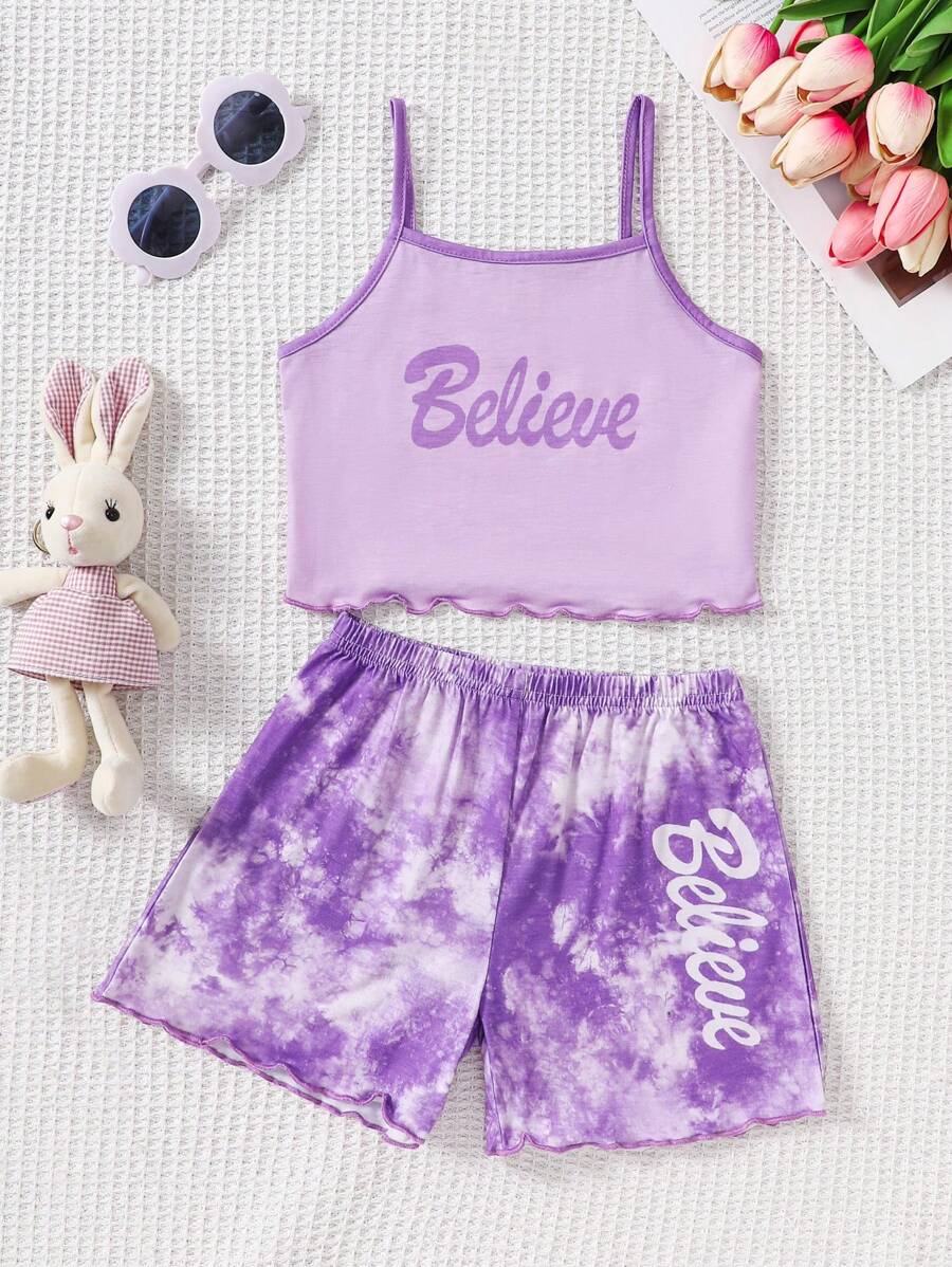 SHEIN 2pcs Tie Dye Letter Print Tank Top And Shorts Sleepwear Set For Girls, Summer - Purple - View 1